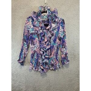 Jaipur Womens Purple Floral Pleated Ruffle Button Up Blouse Size M Cottagecore